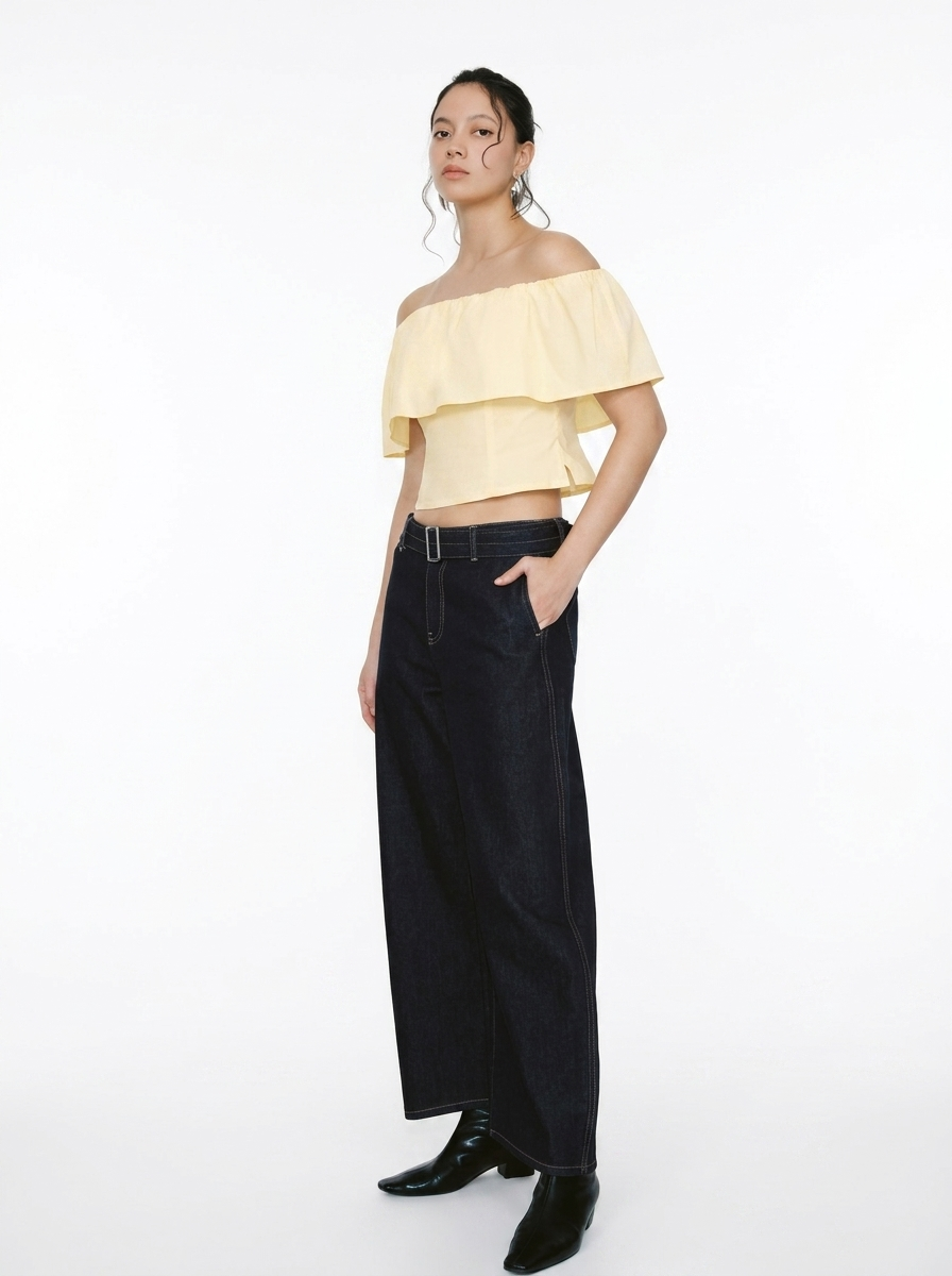 Black One-Shoulder Lotus Leaf Blouse