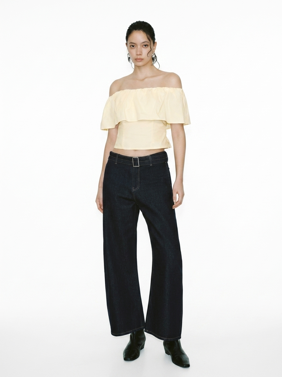 Black One-Shoulder Lotus Leaf Blouse