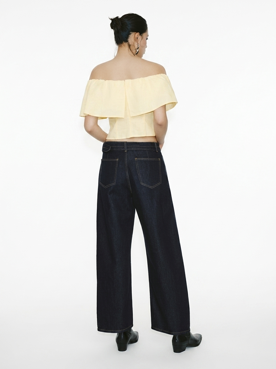 Black One-Shoulder Lotus Leaf Blouse