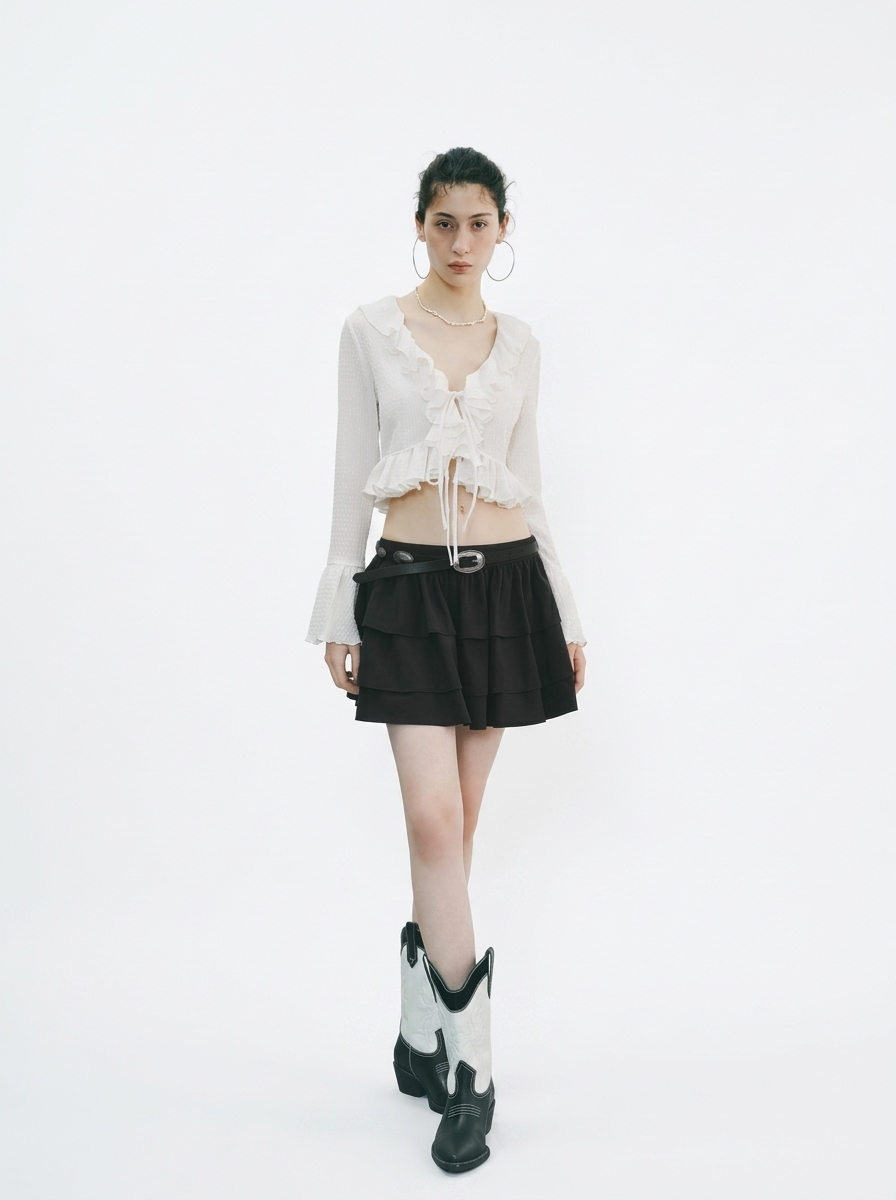 White Lotus Leaf Ruffle Trumpet Sleeve Blouse
