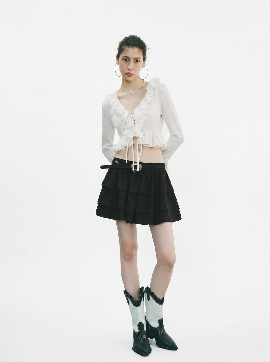 White Lotus Leaf Ruffle Trumpet Sleeve Blouse