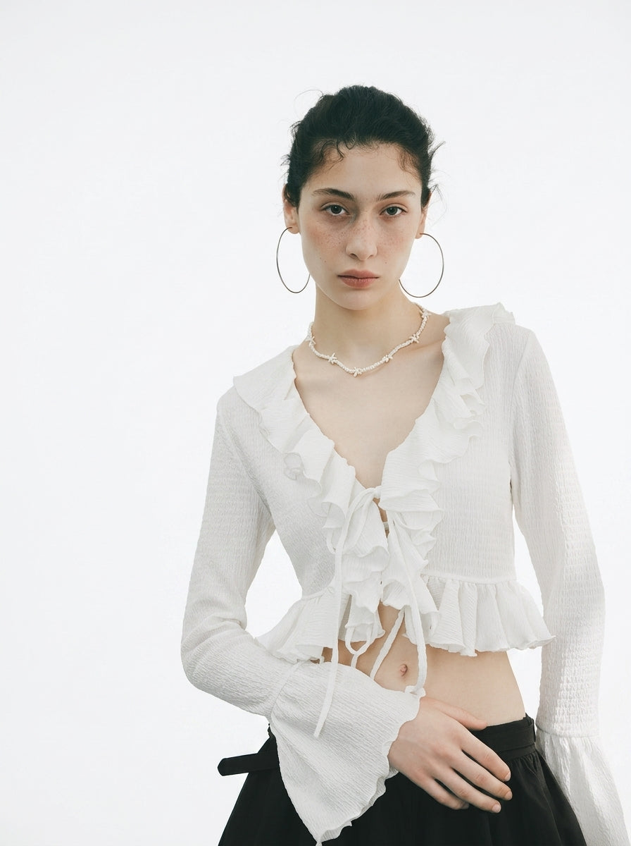 White Lotus Leaf Ruffle Trumpet Sleeve Blouse