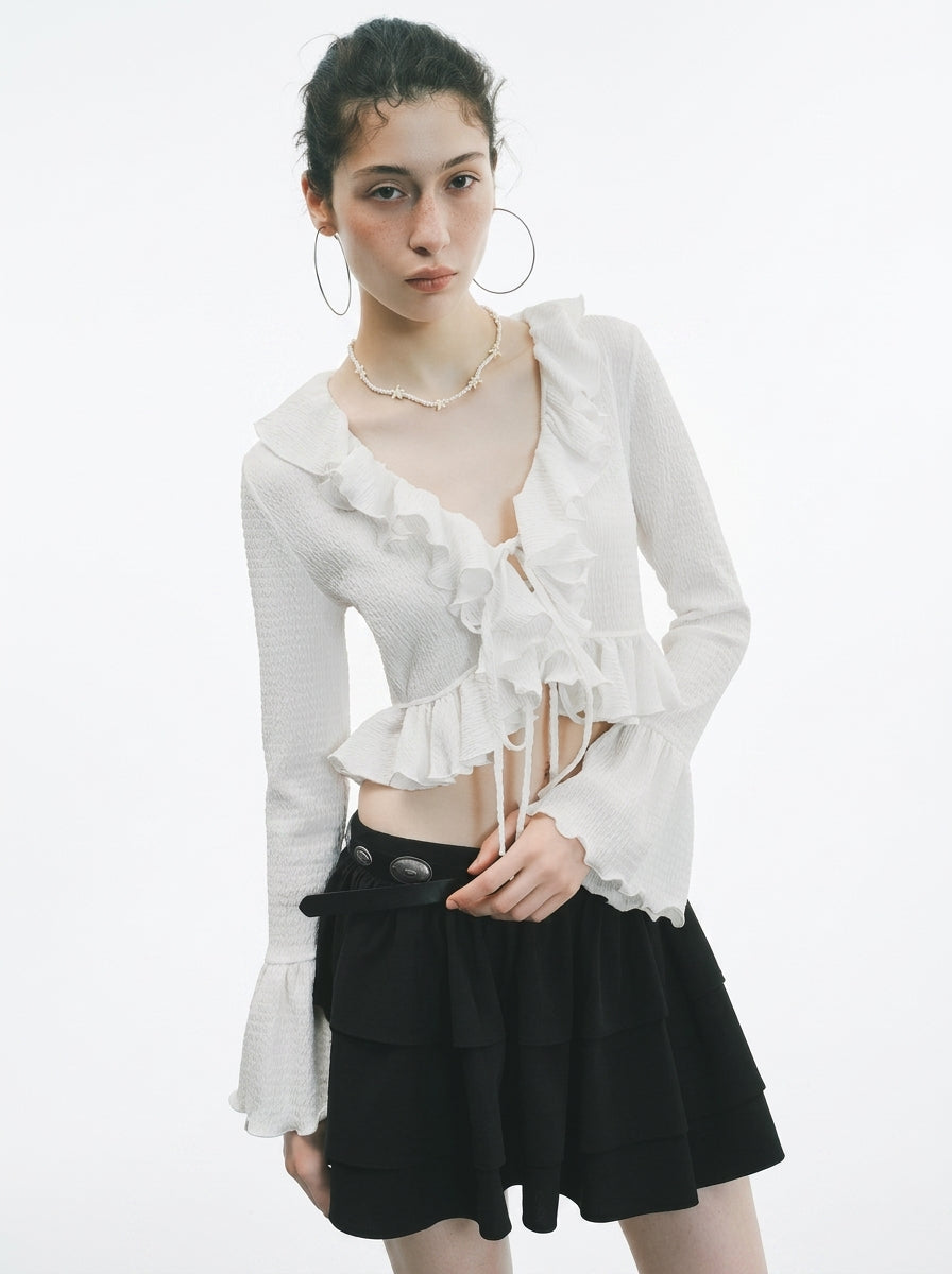 White Lotus Leaf Ruffle Trumpet Sleeve Blouse