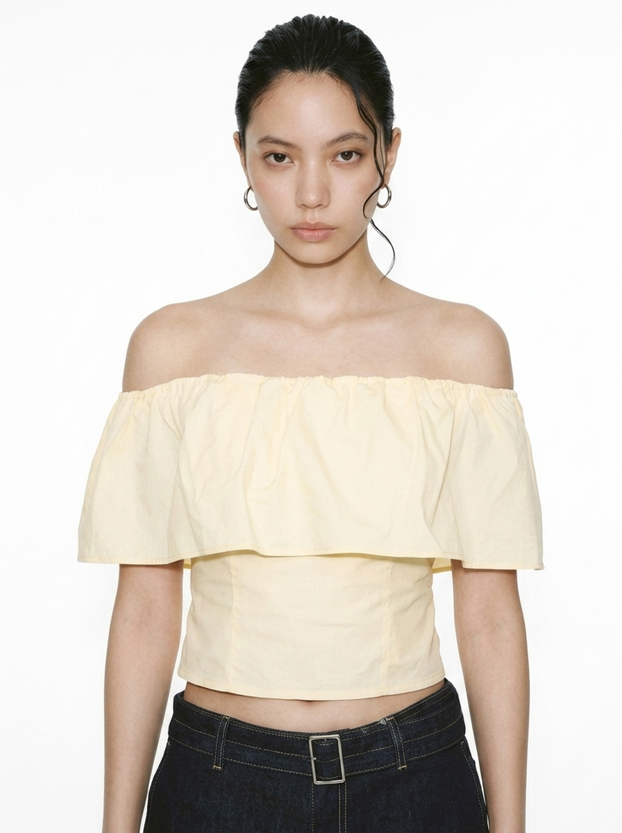 Black One-Shoulder Lotus Leaf Blouse