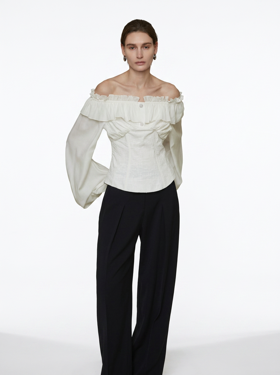 Cream Double Layer Lotus Leaf Puff Sleeve Blouse