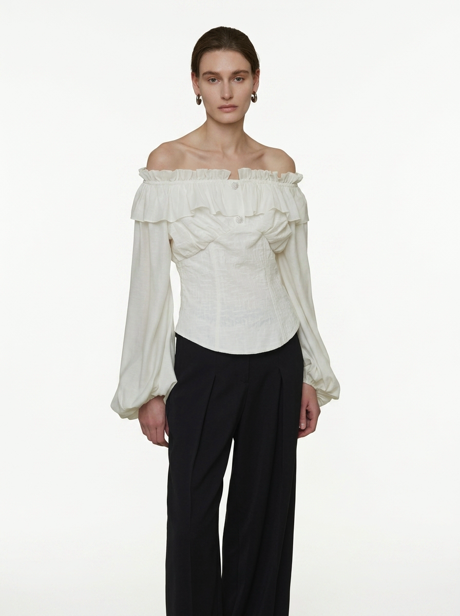 Cream Double Layer Lotus Leaf Puff Sleeve Blouse