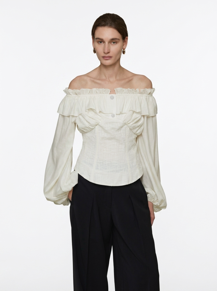 Cream Double Layer Lotus Leaf Puff Sleeve Blouse