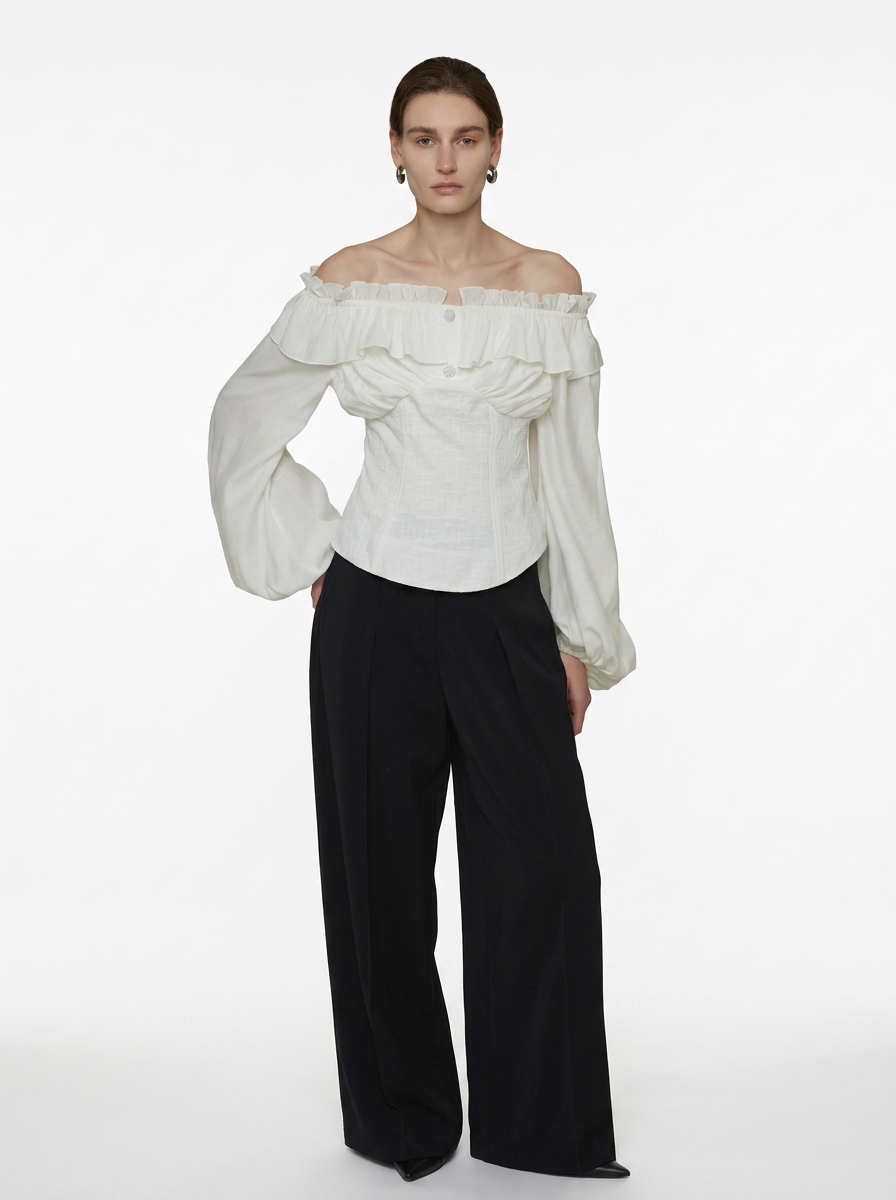 Cream Double Layer Lotus Leaf Puff Sleeve Blouse