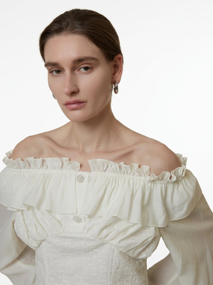 Cream Double Layer Lotus Leaf Puff Sleeve Blouse