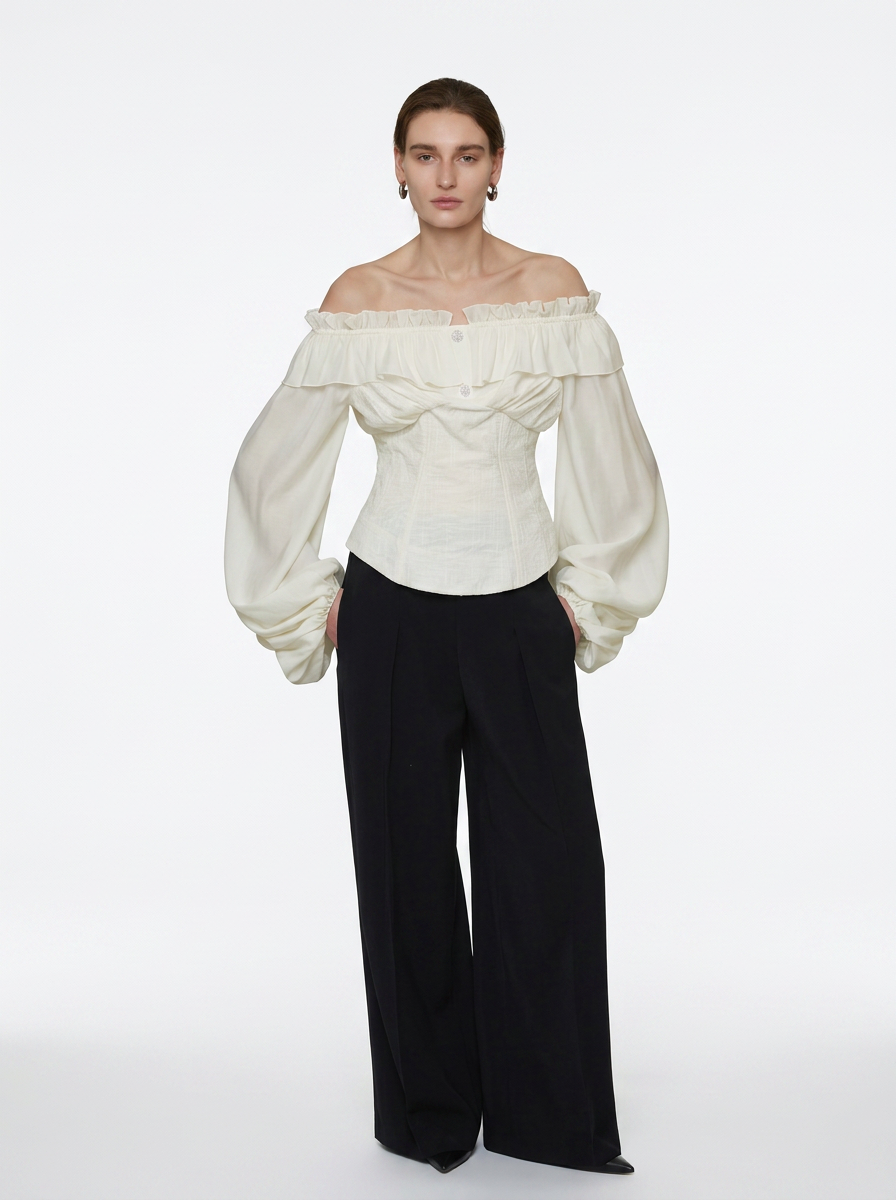 Cream Double Layer Lotus Leaf Puff Sleeve Blouse