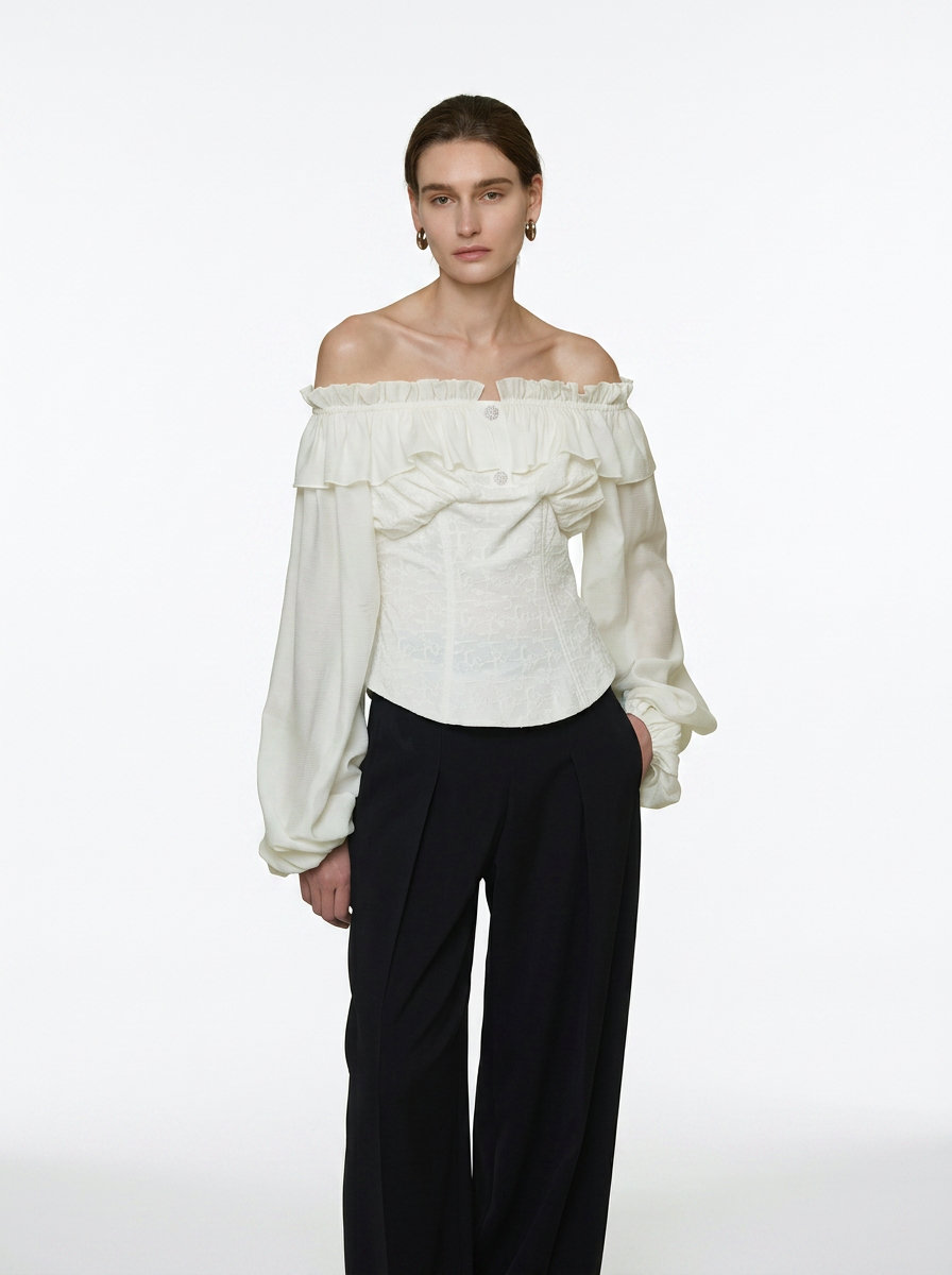 Cream Double Layer Lotus Leaf Puff Sleeve Blouse