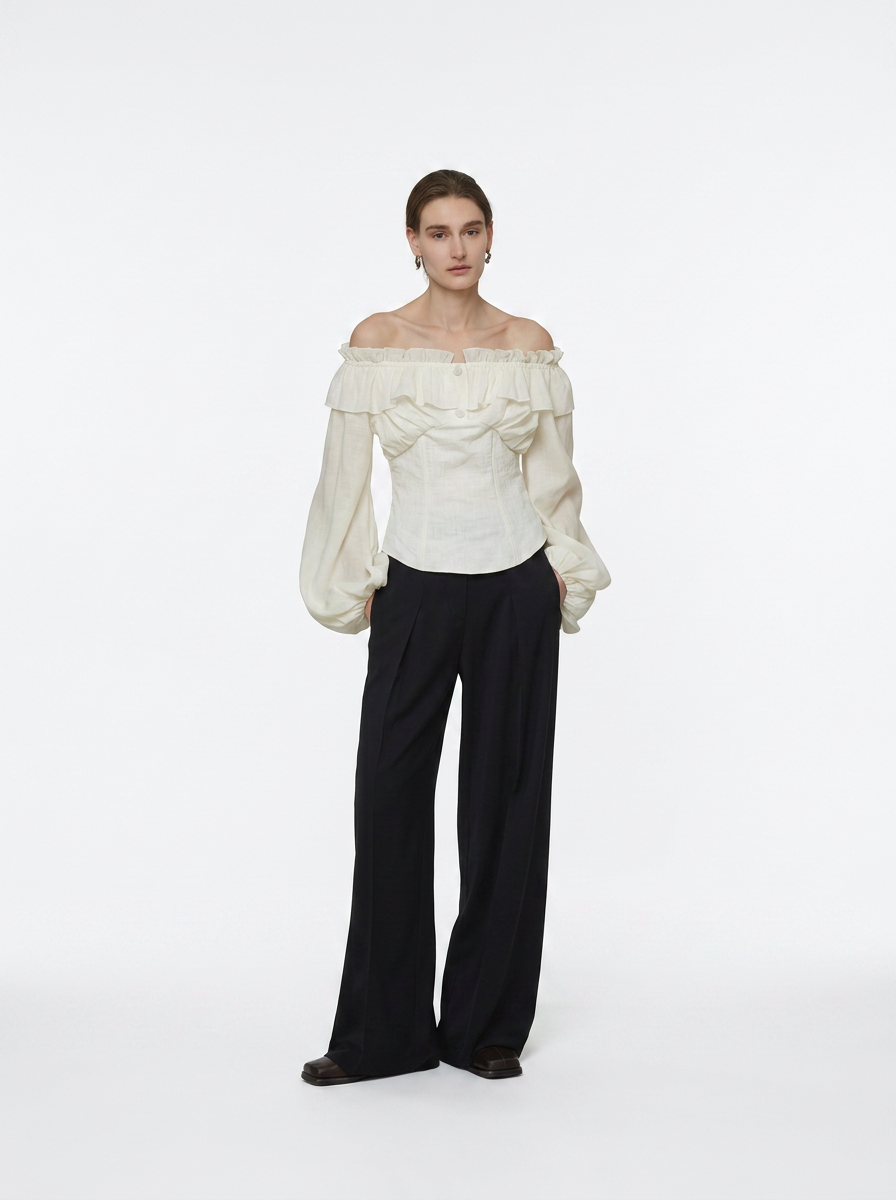 Cream Double Layer Lotus Leaf Puff Sleeve Blouse