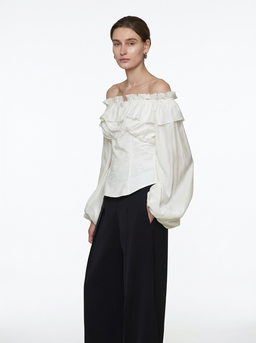 Cream Double Layer Lotus Leaf Puff Sleeve Blouse