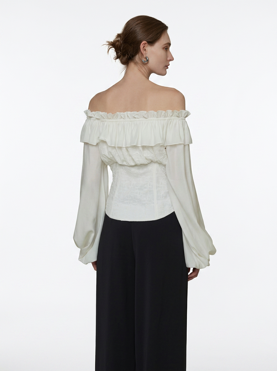 Cream Double Layer Lotus Leaf Puff Sleeve Blouse