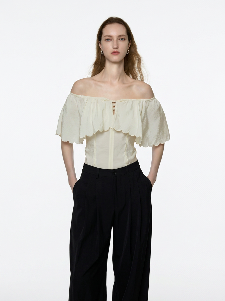 White One-Shoulder Ruffle Blouse