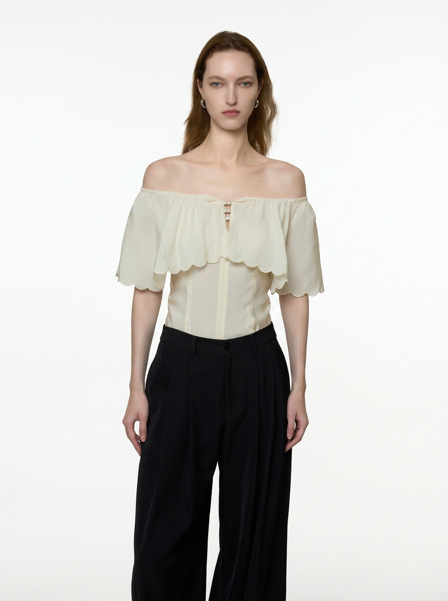 White One-Shoulder Ruffle Blouse
