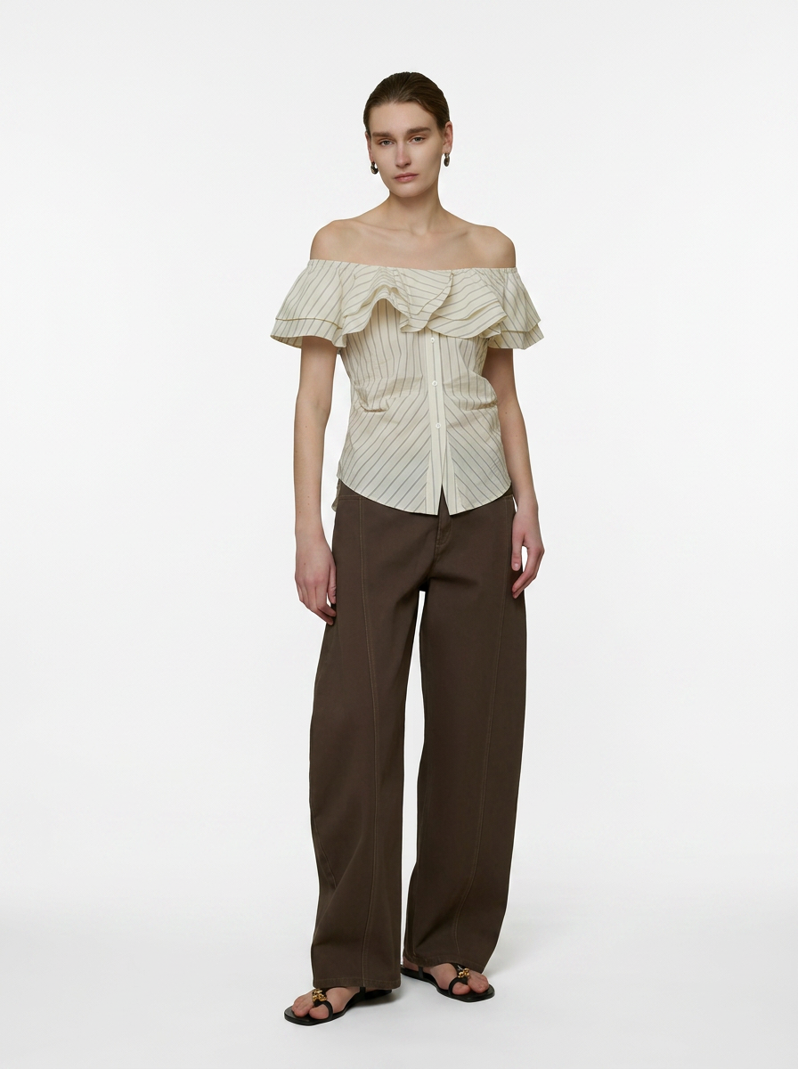 White Striped One-Shoulder Ruffle Blouse