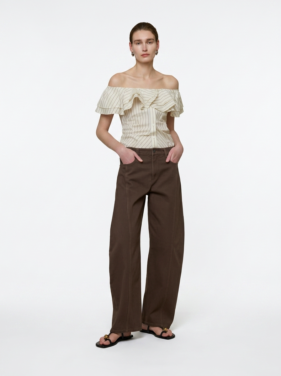 White Striped One-Shoulder Ruffle Blouse