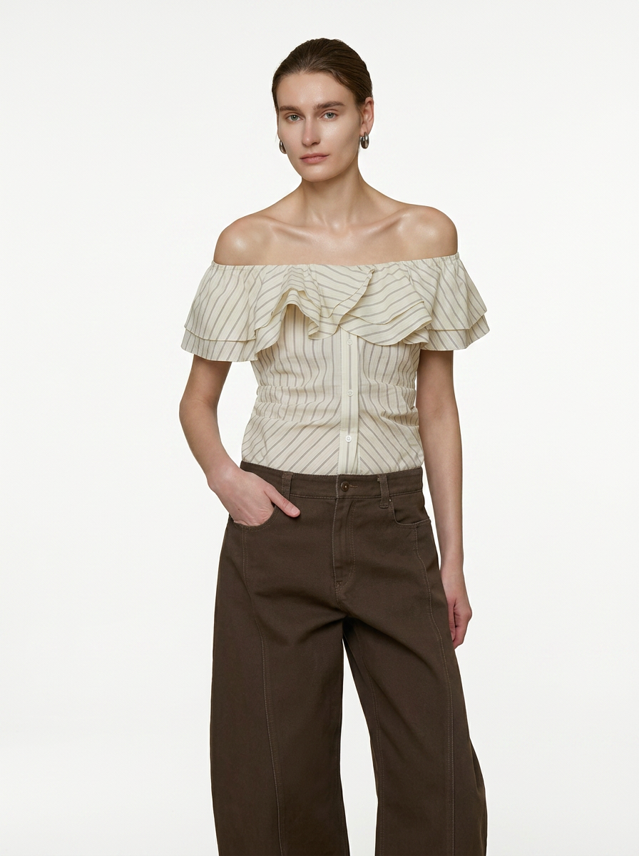 White Striped One-Shoulder Ruffle Blouse