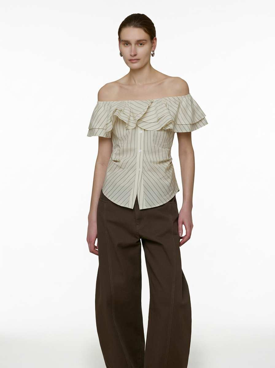 White Striped One-Shoulder Ruffle Blouse