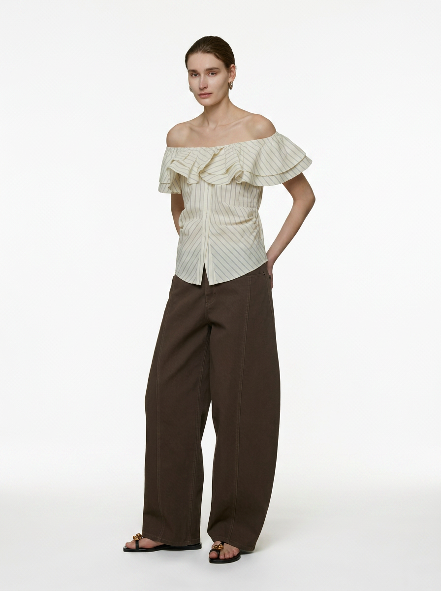 White Striped One-Shoulder Ruffle Blouse