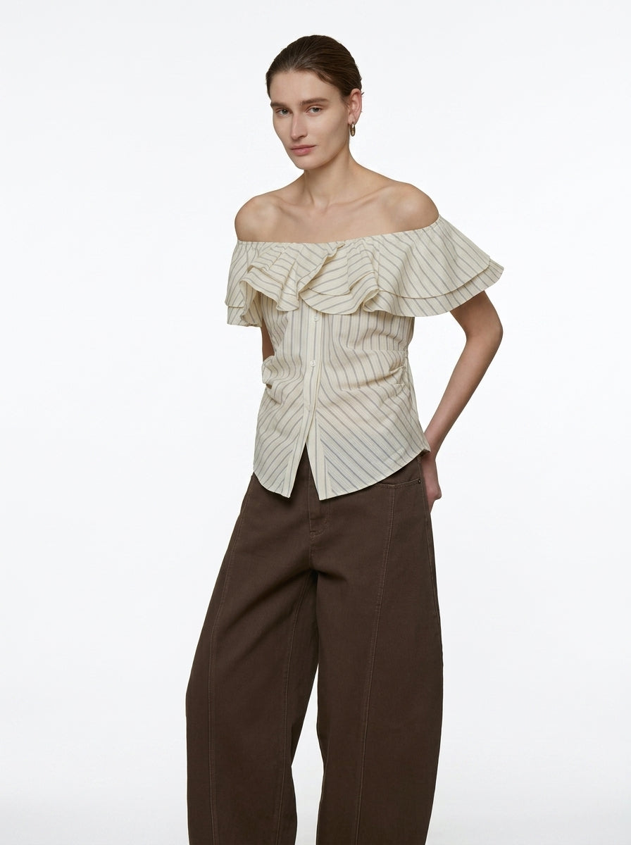 White Striped One-Shoulder Ruffle Blouse