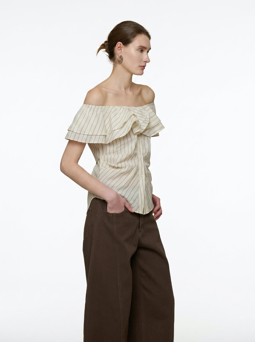 White Striped One-Shoulder Ruffle Blouse