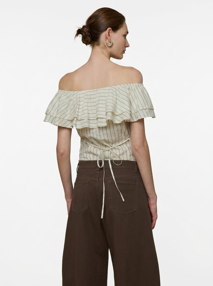 White Striped One-Shoulder Ruffle Blouse