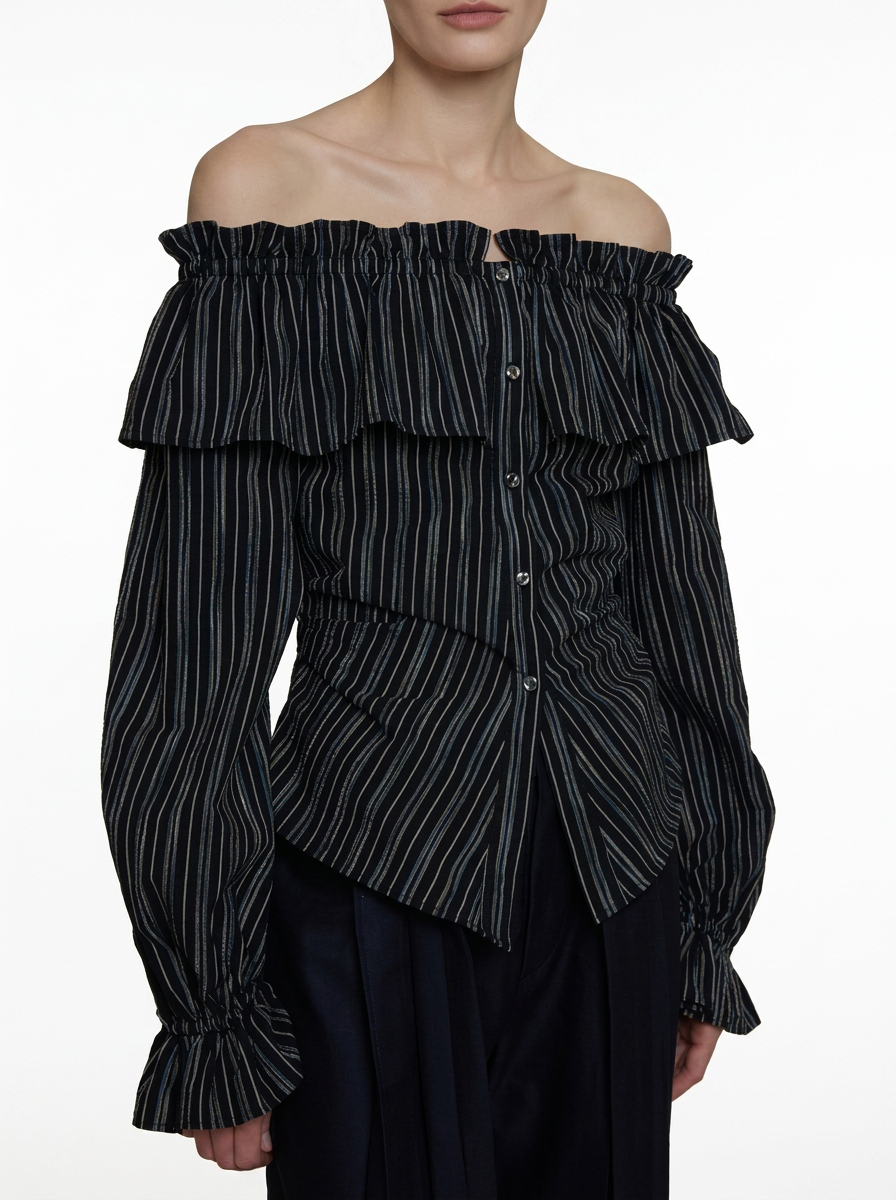 Black Striped One-Shoulder Ruffle Blouse