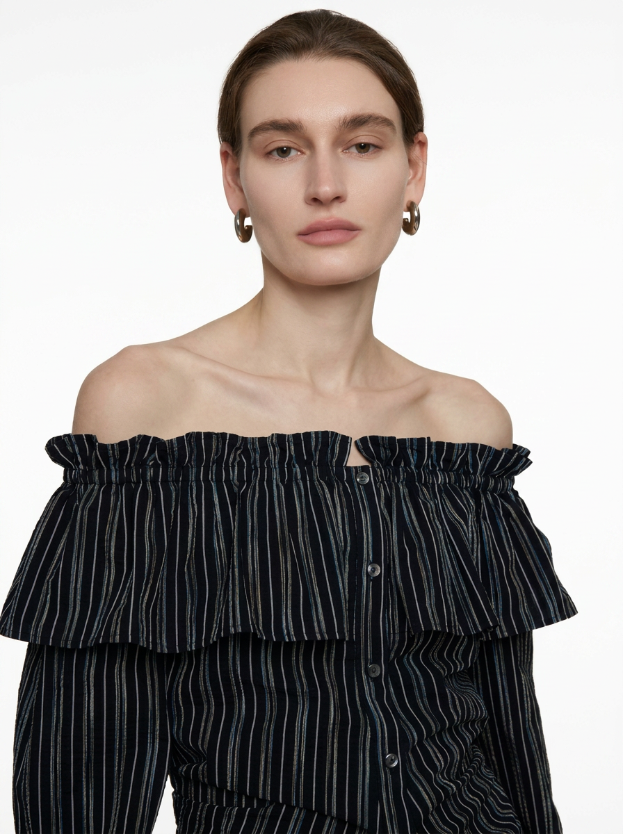 Black Striped One-Shoulder Ruffle Blouse