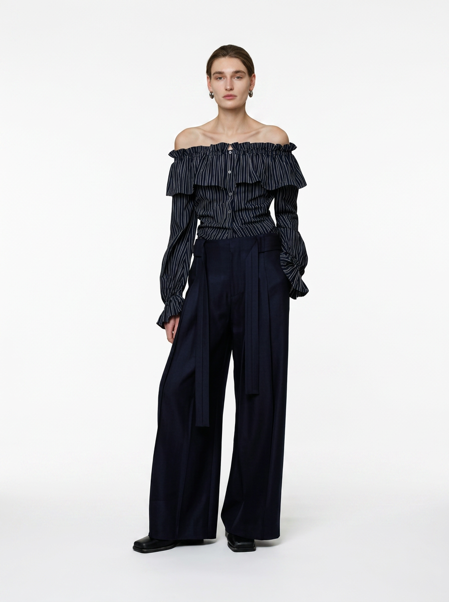 Black Striped One-Shoulder Ruffle Blouse