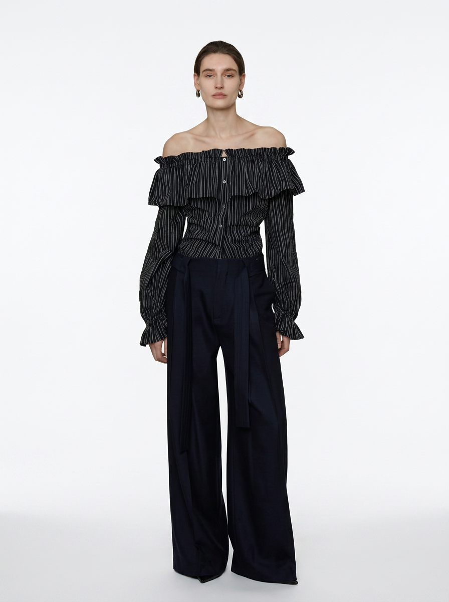 Black Striped One-Shoulder Ruffle Blouse