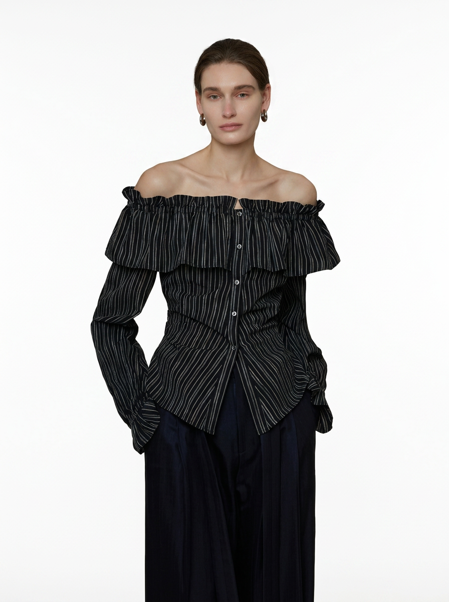 Black Striped One-Shoulder Ruffle Blouse