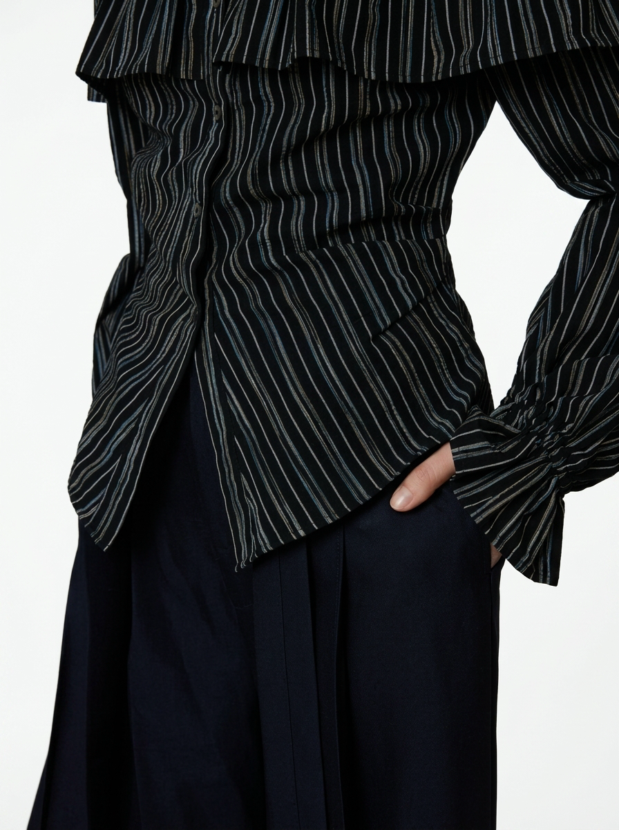 Black Striped One-Shoulder Ruffle Blouse