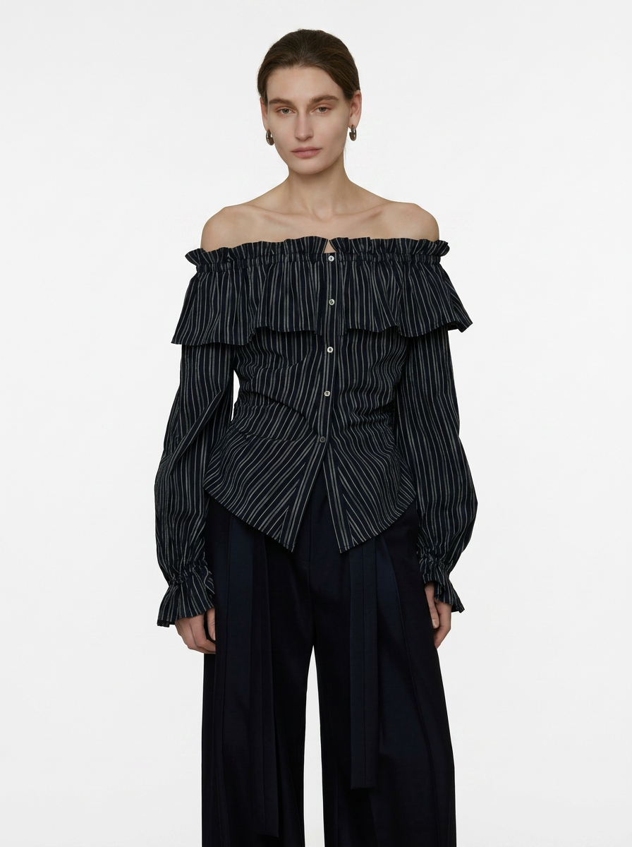 Black Striped One-Shoulder Ruffle Blouse
