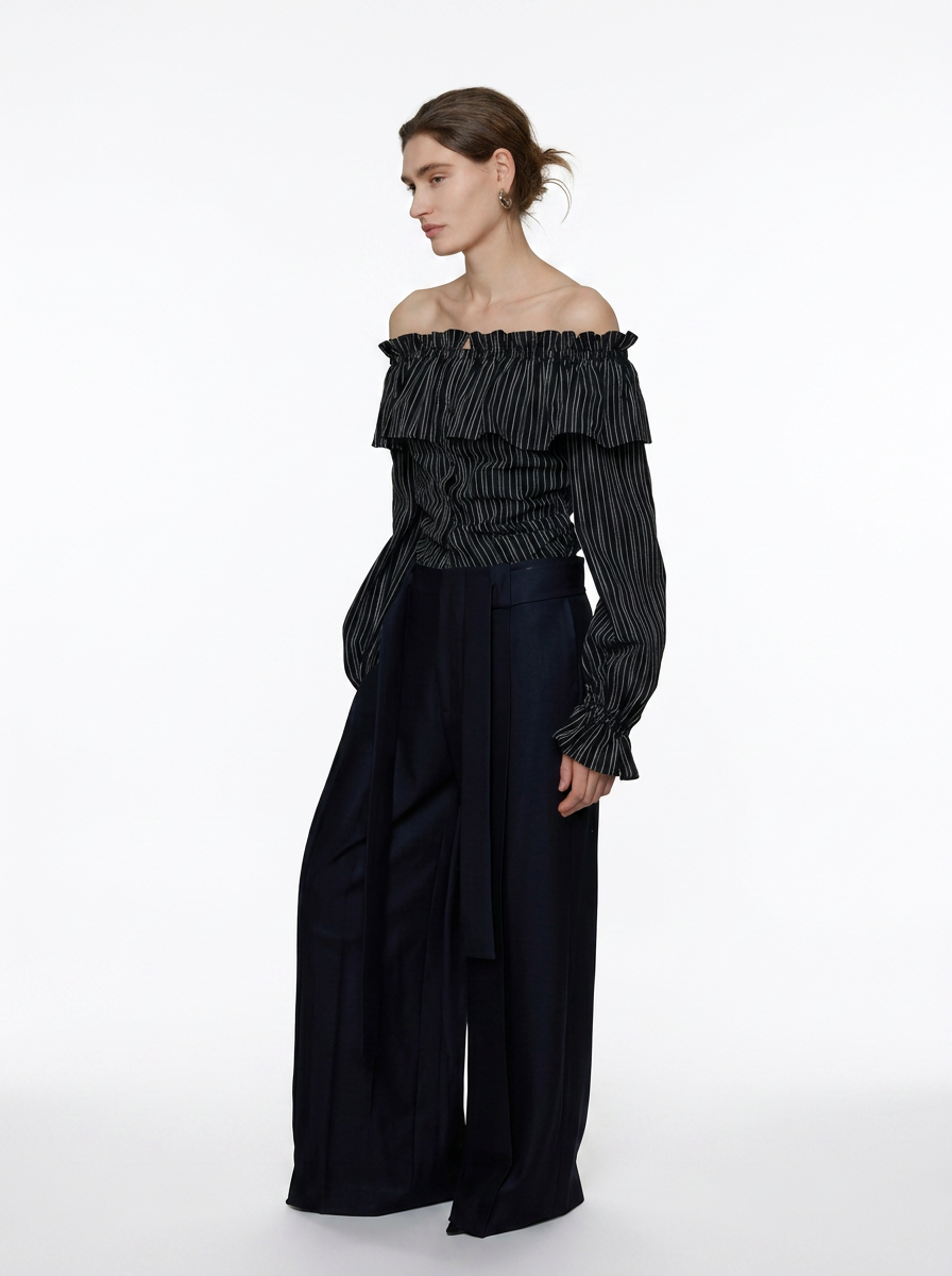 Black Striped One-Shoulder Ruffle Blouse
