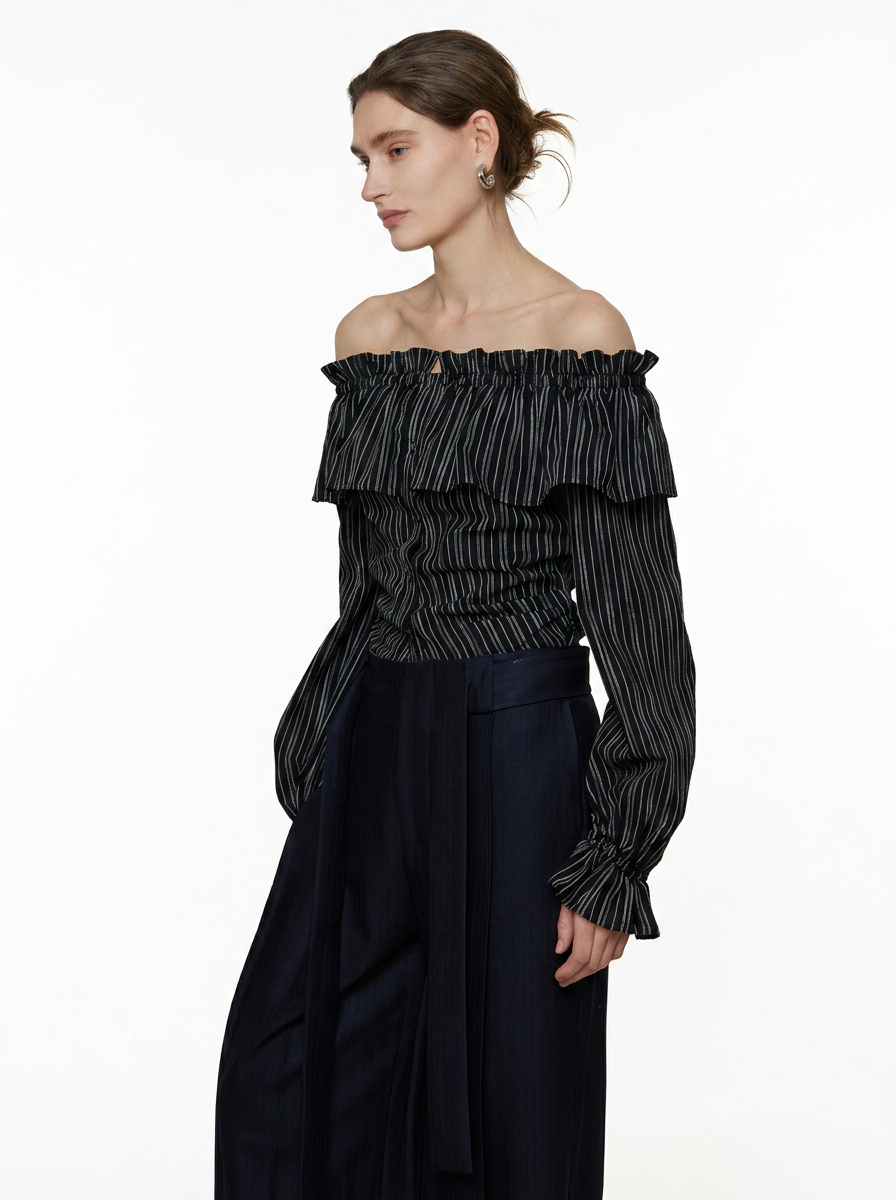 Black Striped One-Shoulder Ruffle Blouse
