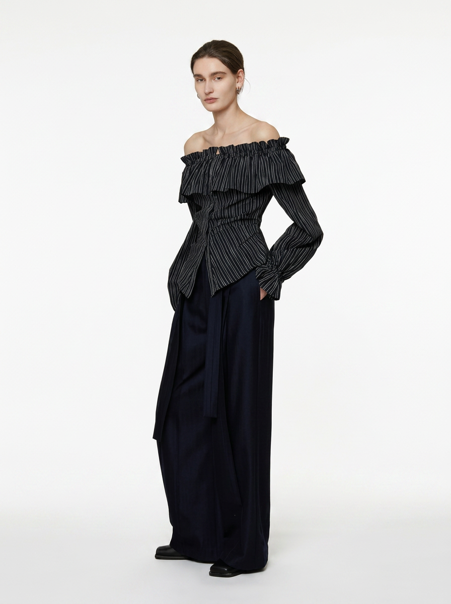 Black Striped One-Shoulder Ruffle Blouse
