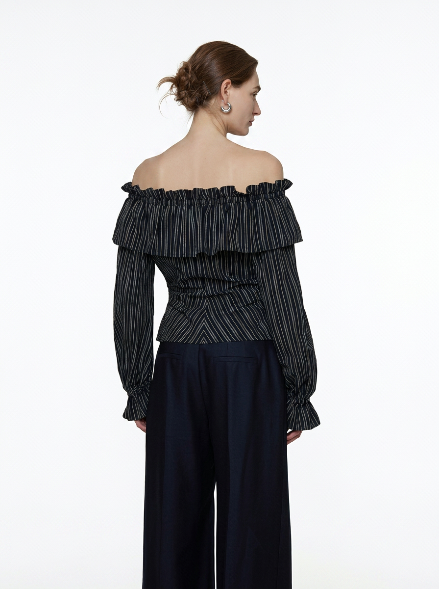 Black Striped One-Shoulder Ruffle Blouse