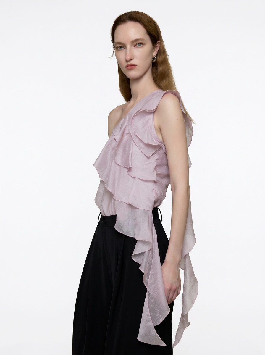 Lavender One-Shoulder Ruffle Tie Blouse