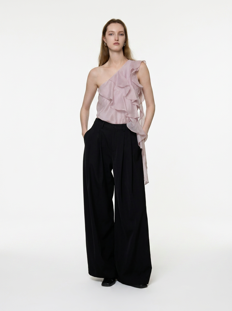 Lavender One-Shoulder Ruffle Tie Blouse