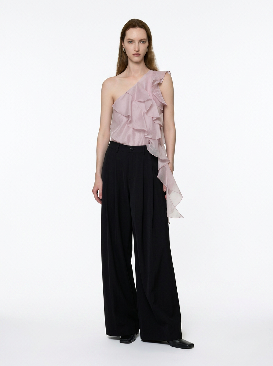 Lavender One-Shoulder Ruffle Tie Blouse