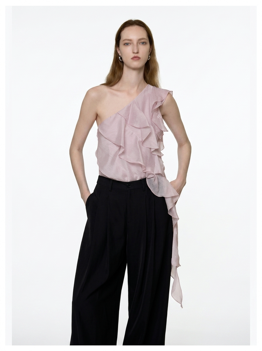 Lavender One-Shoulder Ruffle Tie Blouse