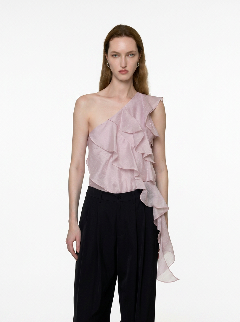 Lavender One-Shoulder Ruffle Tie Blouse
