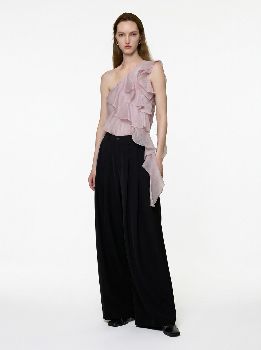 Lavender One-Shoulder Ruffle Tie Blouse