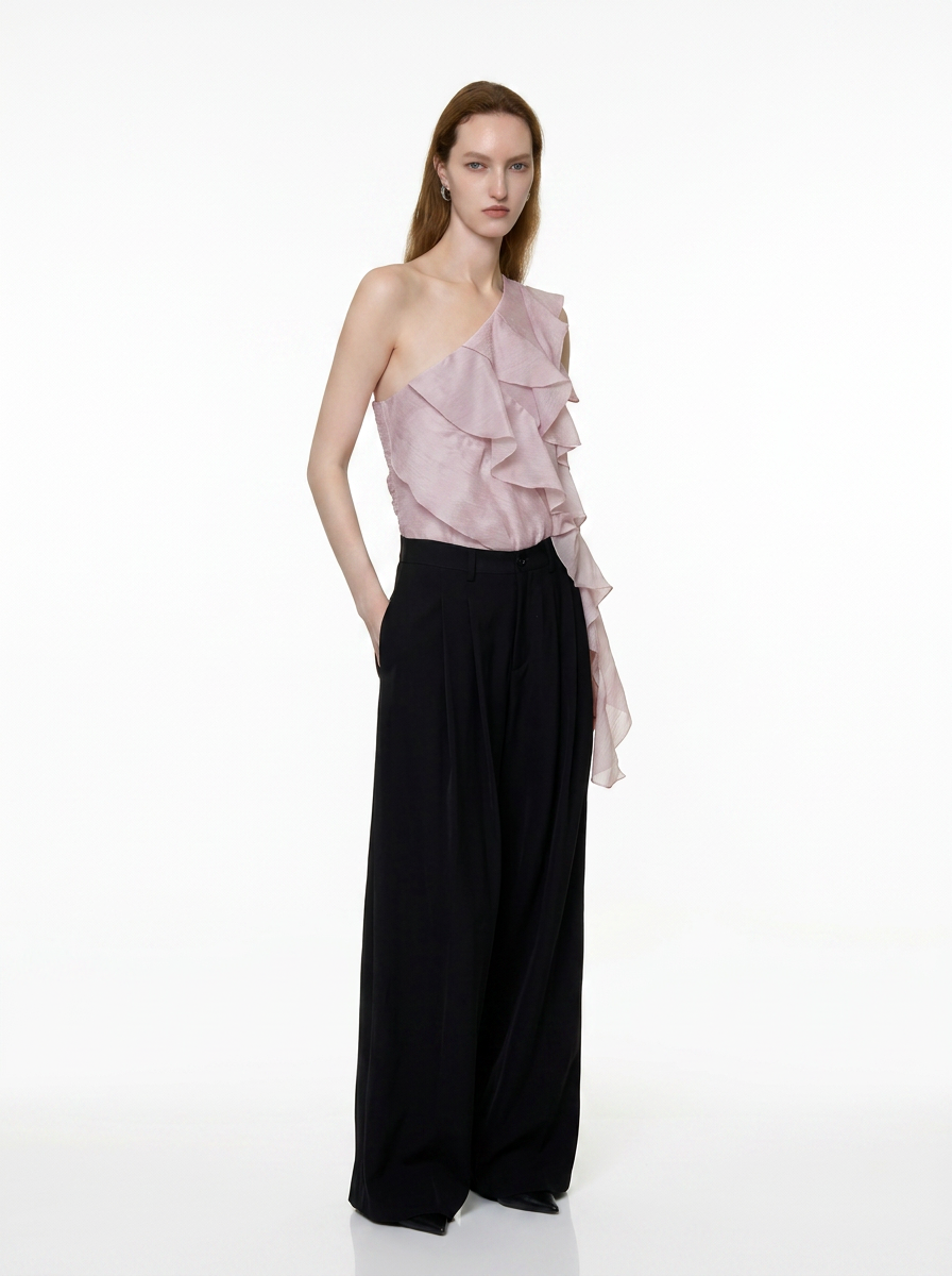 Lavender One-Shoulder Ruffle Tie Blouse