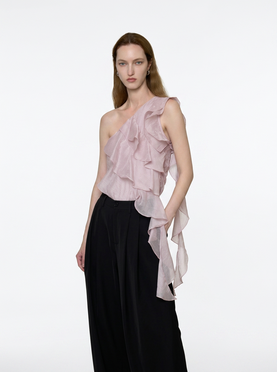 Lavender One-Shoulder Ruffle Tie Blouse