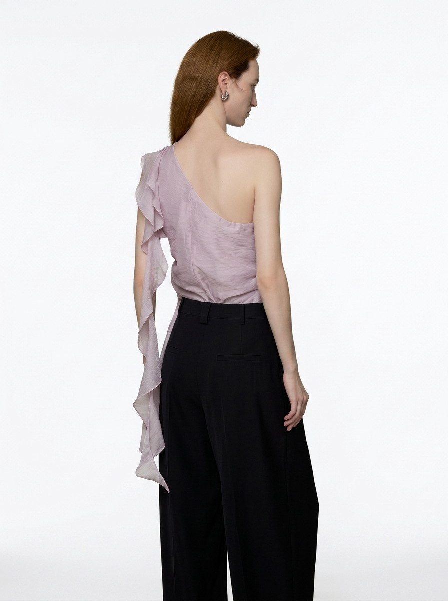 Lavender One-Shoulder Ruffle Tie Blouse