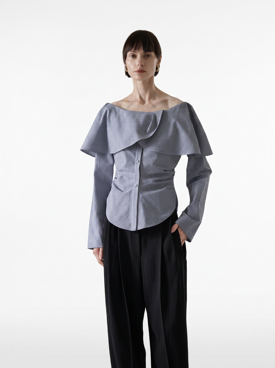 Black Striped One-Shoulder Ruffle Blouse