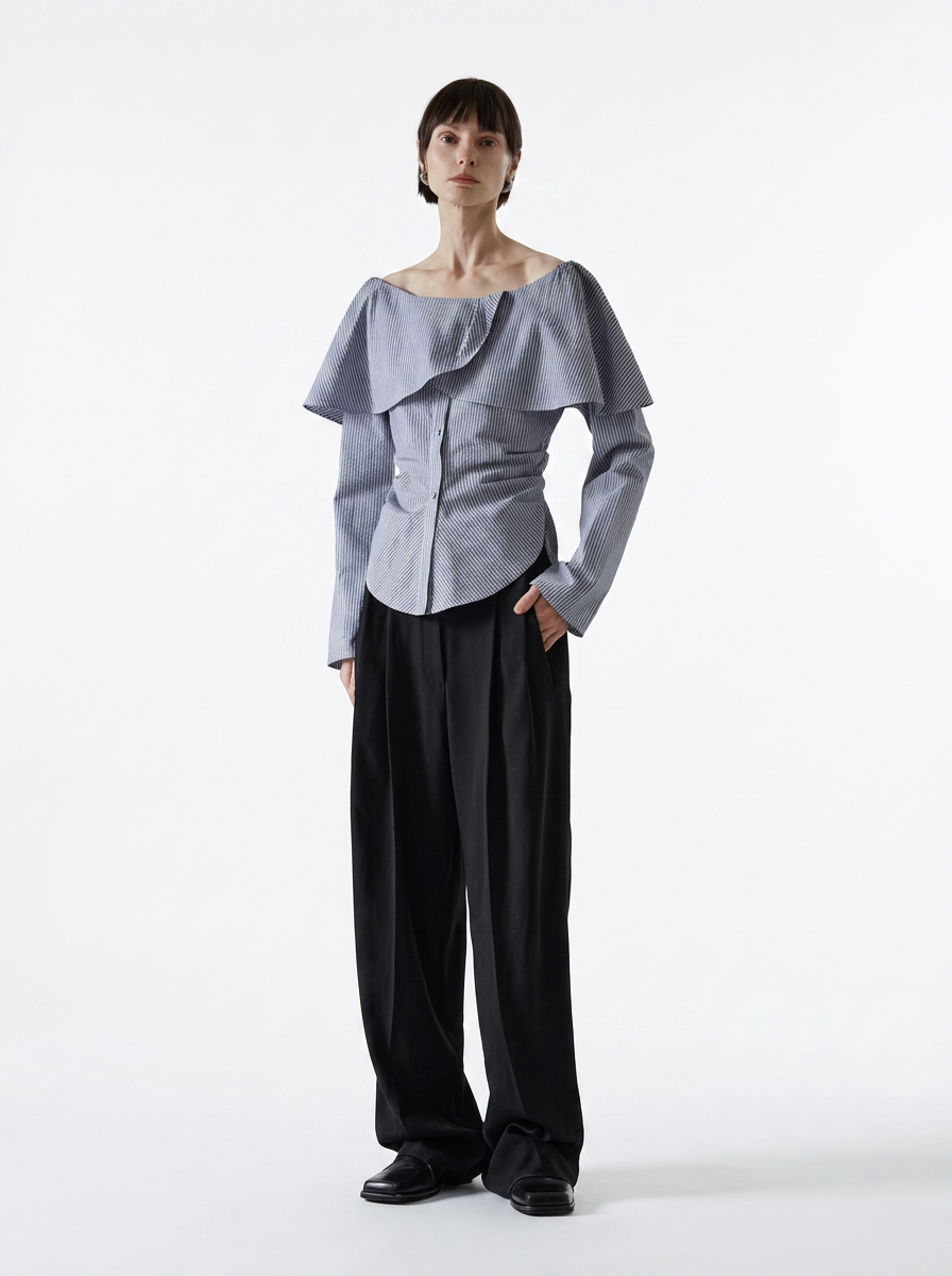 Black Striped One-Shoulder Ruffle Blouse